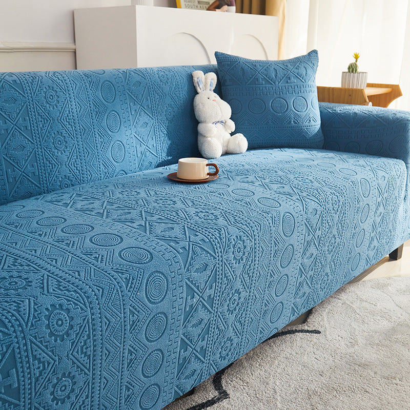 Bohemian Jacquard Stretch Full-Cover Anti-Slip Couch Cover With Pillowcase, Blue - 1-Seater