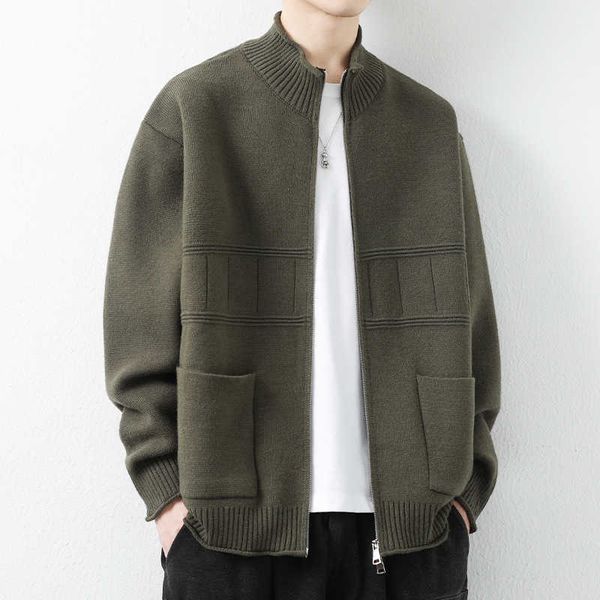 Stand up collar knitted cardigan jacket for men spring and autumn trendy brand loose casual jacket mens high-end and handsome sweater jacket