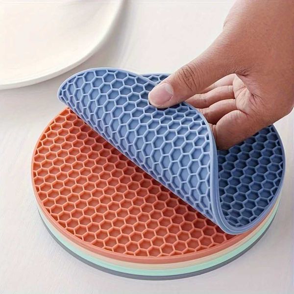 5pcs Round Placemats Silicone Heat Insation Table Mat Solid Color Cup Coasters Non-slip Pot Holder Household Bowl Plate M Y250116