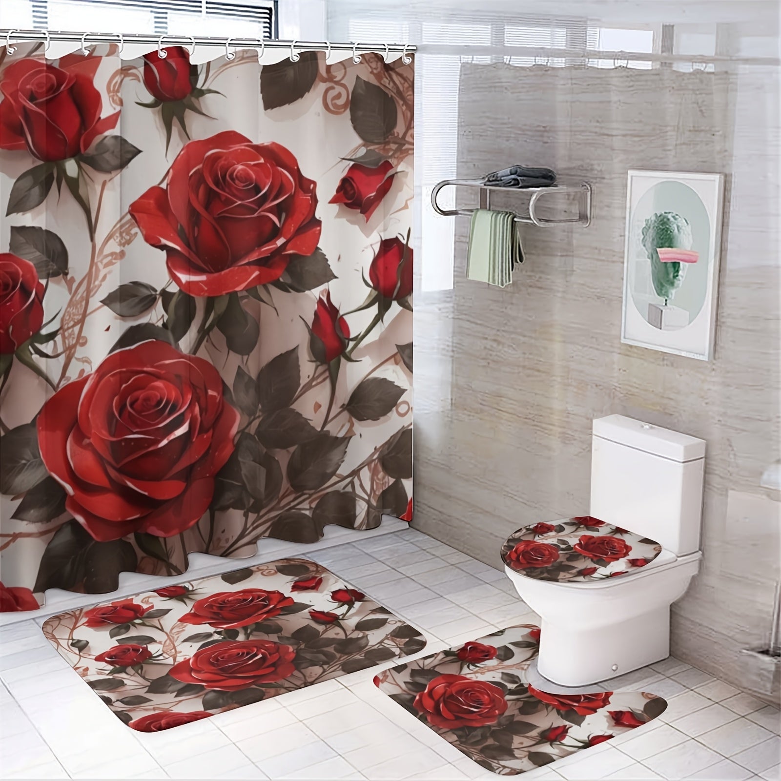 TEMU 1-4pcs Rose Valentine's Day Shower Curtain Set, Including Waterproof Bathroom Curtain, Non Slip Floor Mat, Toilet Seat Cover, And U-shaped Pad
