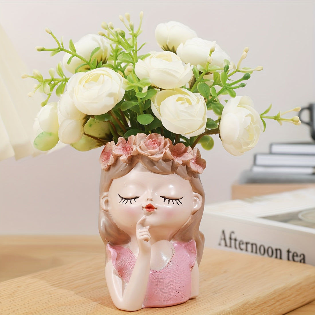 TEMU Elegant Resin Girl Planter Pot With Floral , Decorative Figurine Vase For Indoor Plants And Flowers - Creative Tabletop Display Accessory