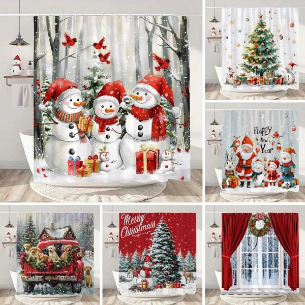 Snowman Christmas Shower Curtain Christmas Tree Gifts Red Bird Winter Snow Fabric Printed Bath Curtain Bathroom Decor With Hooks Y240815