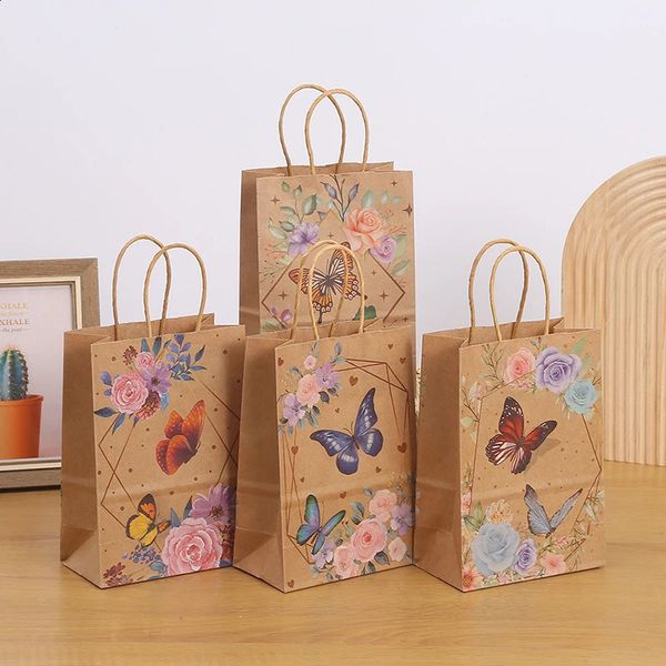 12pcs Kraft Paper Bags with Handle Cookie Candy Gift Bag Wedding Favor Baby Shower Birthday Party Decoration 250116