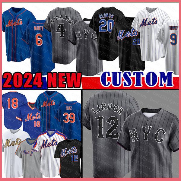Mens 2024 Baseball Jerseys Pete Alonso Francisco Lindor Brandon Nimmo Starling Marte Edwin Diaz Darryl Strawberry Jeff McNeil