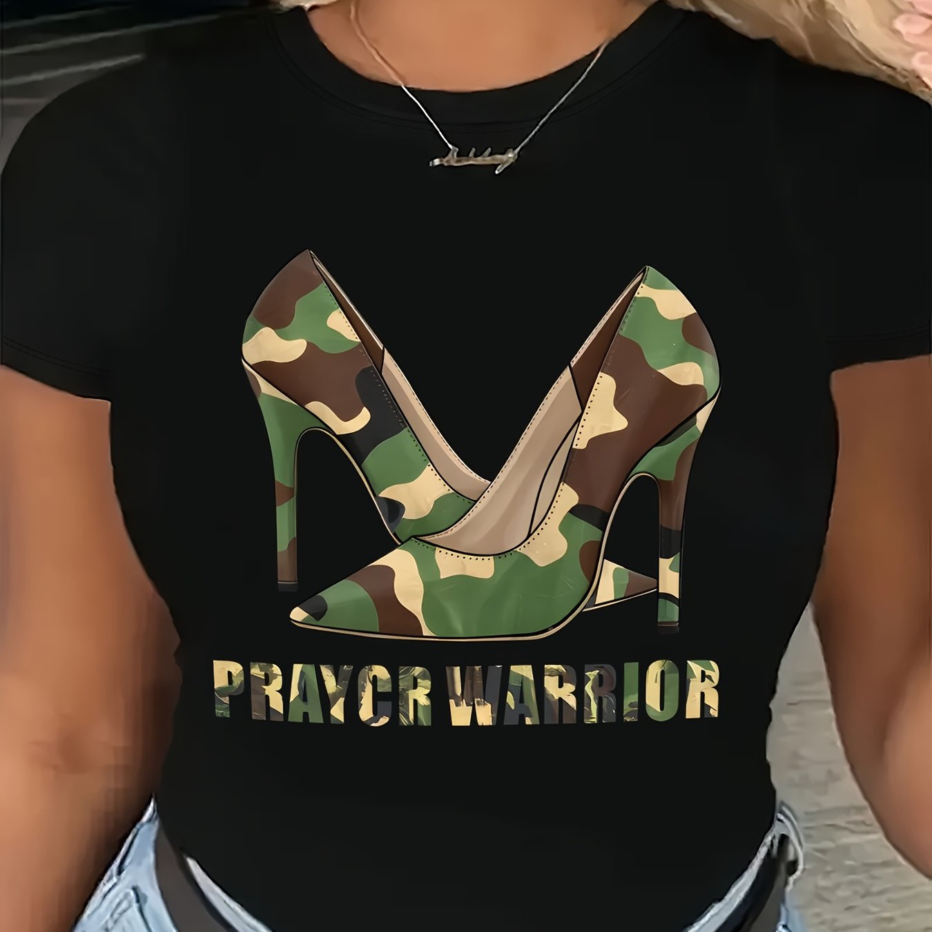 TEMU Plus Size Women's Pure Casual T-shirt, Women's Plus Size Camouflage High Heels With Warrior Graphic T-shirt-casual Round Neck Short Sleeves,