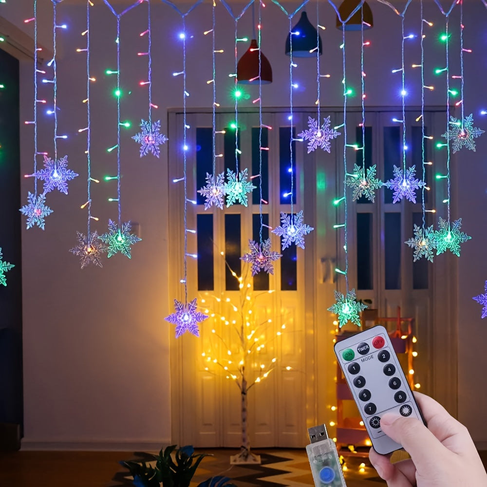 TEMU 1pc Led Christmas Light, Snowflake Led Fairy String Icicle Lights, 21.3ft-6.5m Curtain Light, 8 Twinkle String Light, Remote+ Usb Powered Window