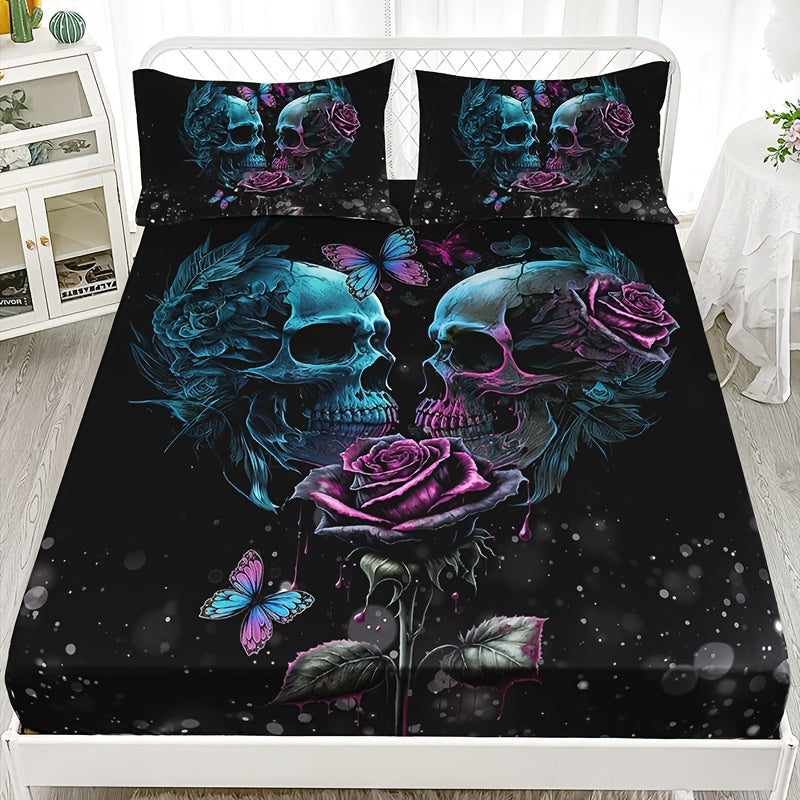 TEMU 3pcs Halloween Series Gothic Romantic Rose Fitted Sheet Set, 1fitted Sheet+2 Pillowcases (no Insert), Deep 15 Inch, Machine Washable