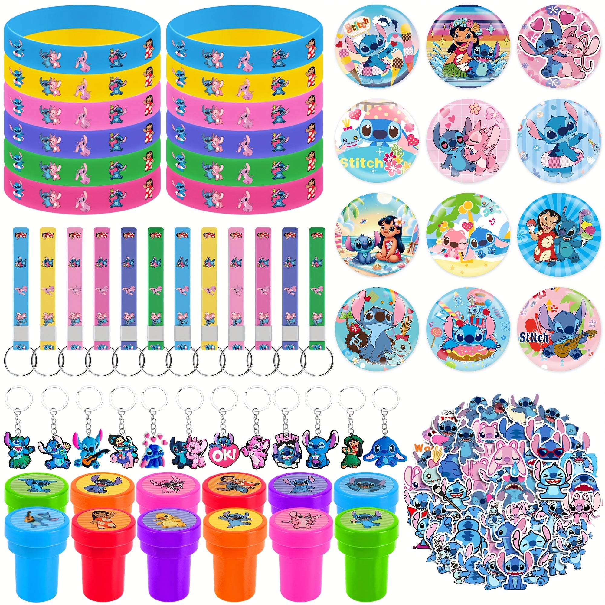 TEMU Stitch 110pcs Birthday Party Favors Includes 12pcs Bracelets, 12pcs Pins, 12pcs Stamps, 12pcs 2d Keychains, 12pcs Silicone Keychains And 50