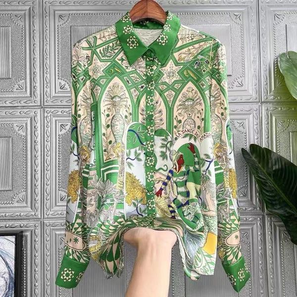 Green Ral Printed Lapel Long Sleeve Casual Shirt Women Blouse Polyester Imitation Silk Blouses 2024 Fall Fashion Tops B2
