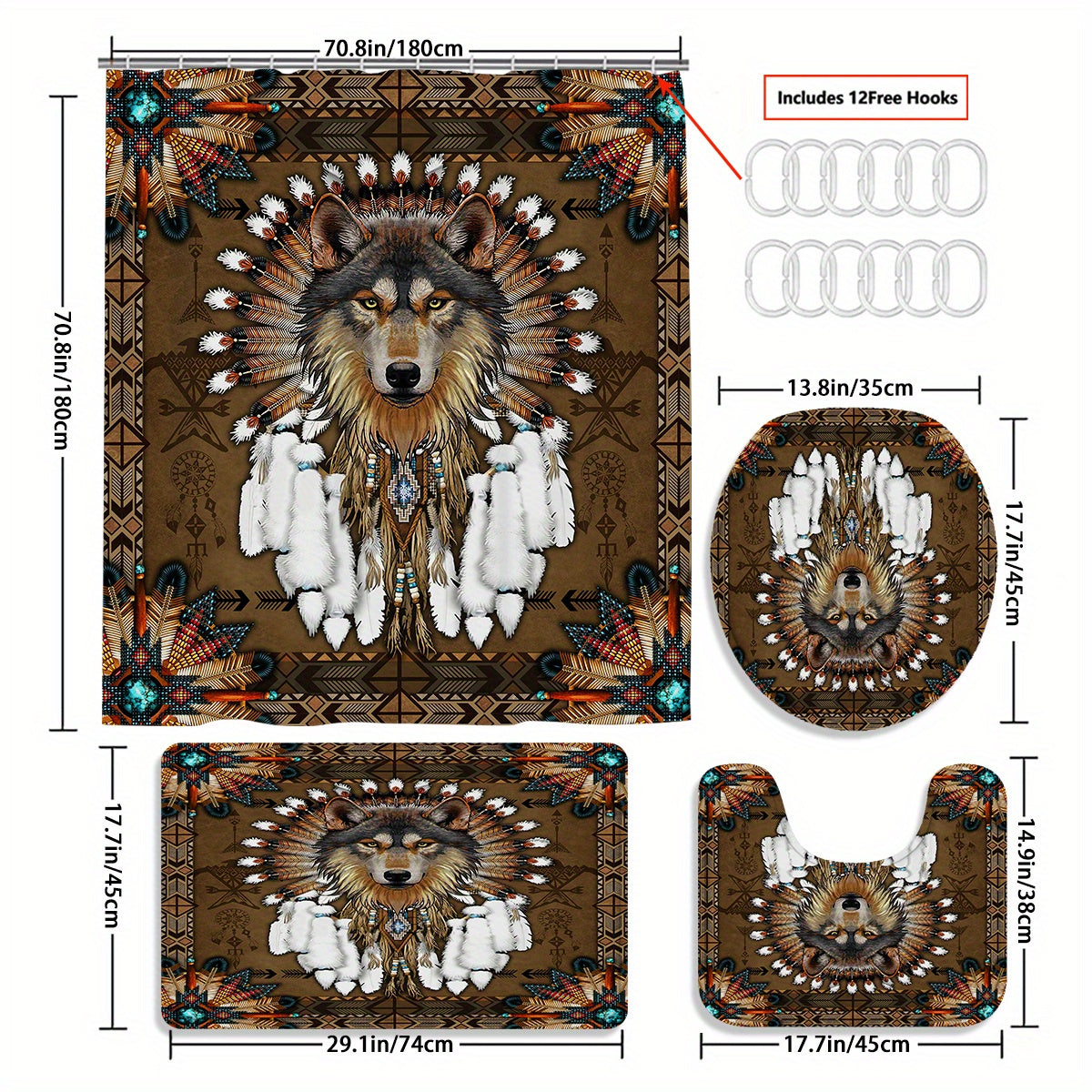 TEMU 4pcs Wolf Shower Curtain Decoration, Beautiful Disguised Gift Decoration, Shower Curtain And Bathroom Mat Three-piece Set, 12 Shower Curtain