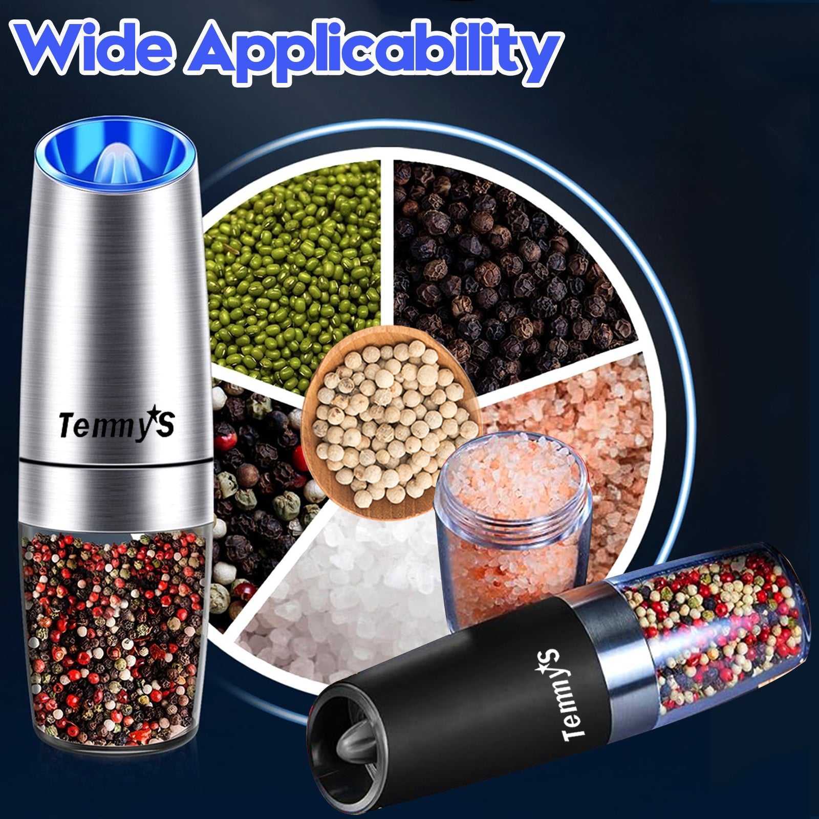 2PCS Gravity Electric Pepper and Salt Grinder Set, Adjustable Coarseness, 4Battery Powered with LED Light