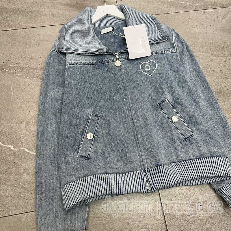 Heart Embroidered Women Denim Jacket Designer Blue Jean Coat Autumn Spring Casual Daily Denim Outerwear