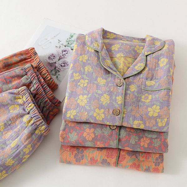 100% Cotton Winter Women Long Sleeved Pants Women&#039;s Pamas Suit Two Piece Set Home Clothes Wer Jacquard Sleepwear