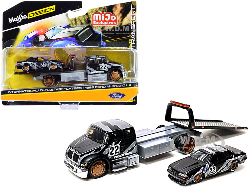 International DuraStar Flatbed Truck 22 and 1988 Ford Mustang LX 22 Matt Black with Gray Graphics "Toyo Tires" "Elite Transport" Series 1-64 Diecast