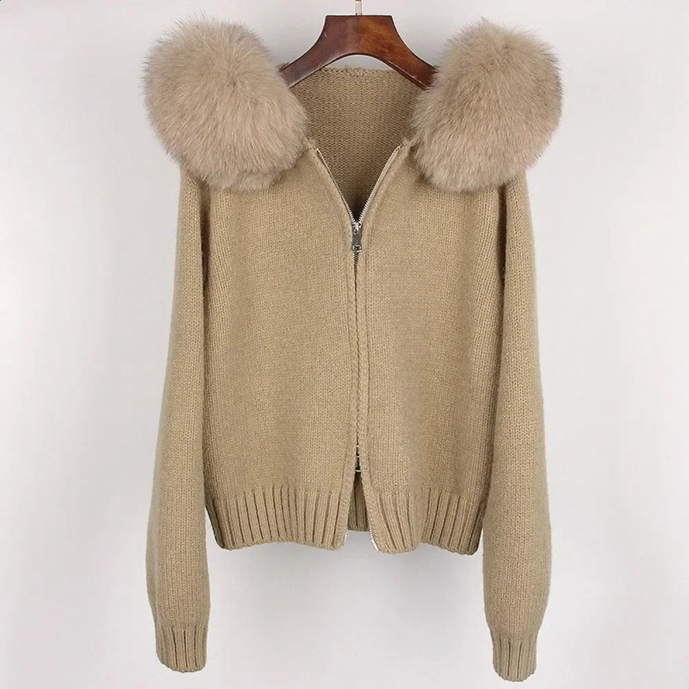 2024 Fashion Autumn Winter Casual Hoodie Real Fox Fur Collar Fashion Short Knitted Jacket with Natural Fur Coat 240824