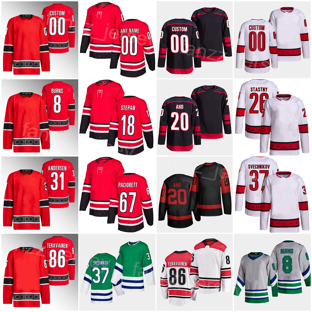 2023 Hockey Reverse Retro 37 Andrei Svechnikov Jersey 8 Brent Burns 20 Sebastian Aho Teuvo Teravainen Frederik Andersen Max Paciorett Paul Stastny M