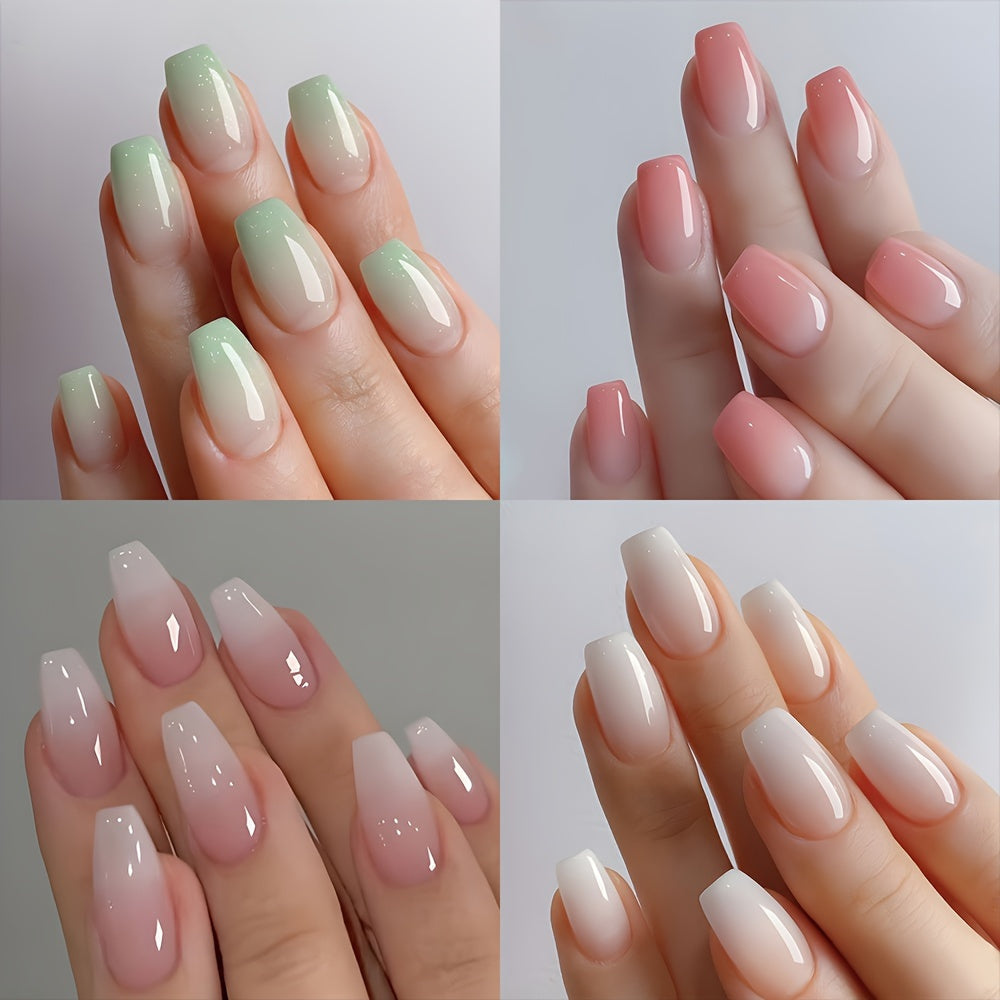 TEMU 4pcs Of 96pcs Glossy Short Coffin Press-on Nails In Gradient Pink And White French Style, Reusable Artificial Nails For Women