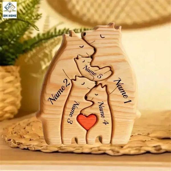 Ening Personali Cust BearFamily Wooden PuzzleChristmas Birthday Gift Family Name Sculpture 2-7 Names Desk Decor Y241212