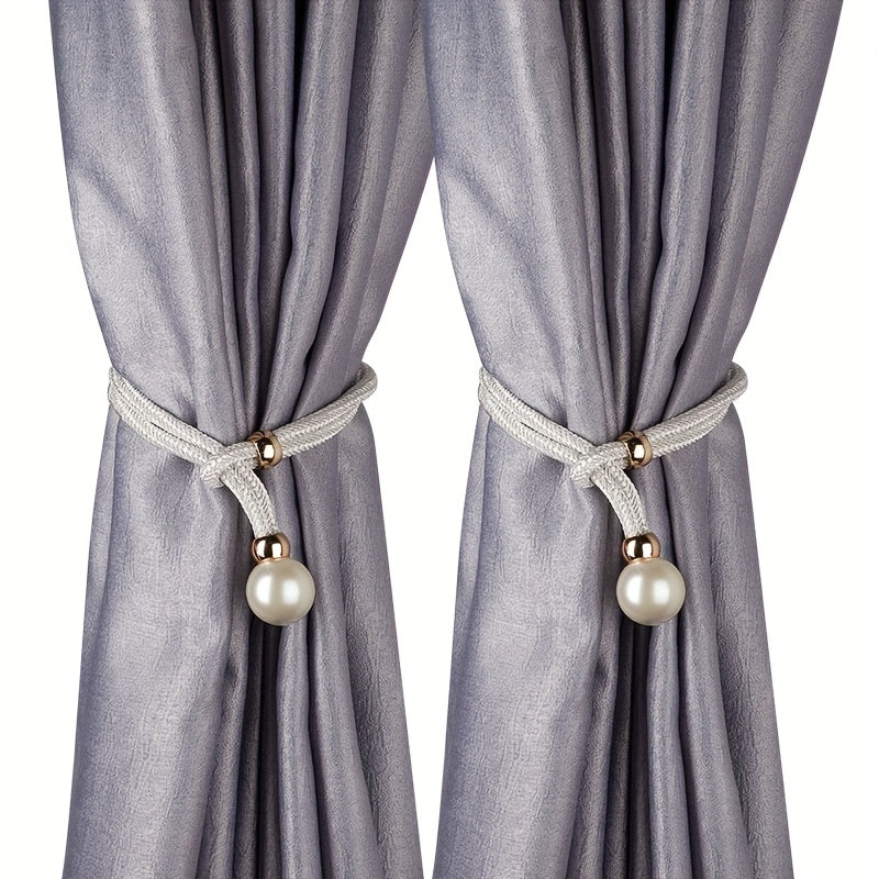 TEMU 2pcs Luxurious French Curtain Tiebacks With Pearl Accent - Elegant Polyester, No-drill Adjustable Cord For Sophisticated Home Decor