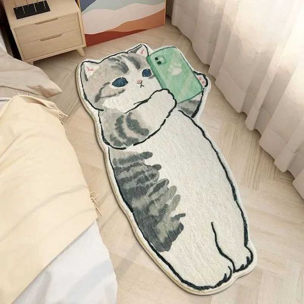 Carpets Girls Simple Cartoon Cute Cat Imitation Cashmere Carpet Living Room Bedroom Bed Blanket Children Home Absorbent Floor Mat J241113