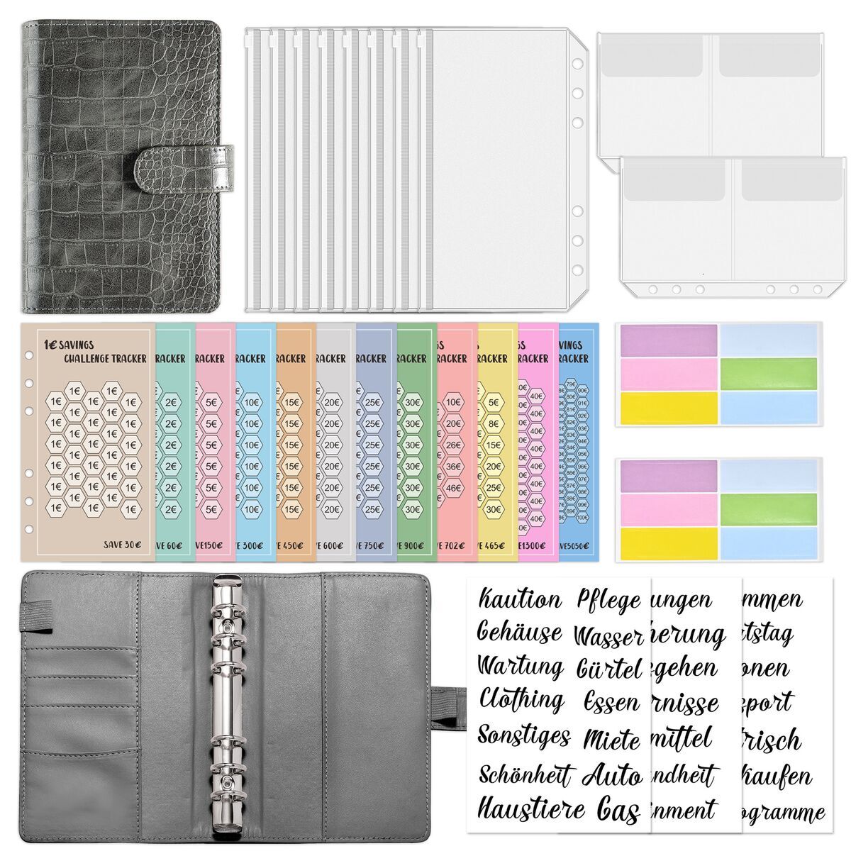 A6 loose leaf notebook, PU leather notebook, Euro saving challenge, cash envelope saving, check-in, budget, hand book