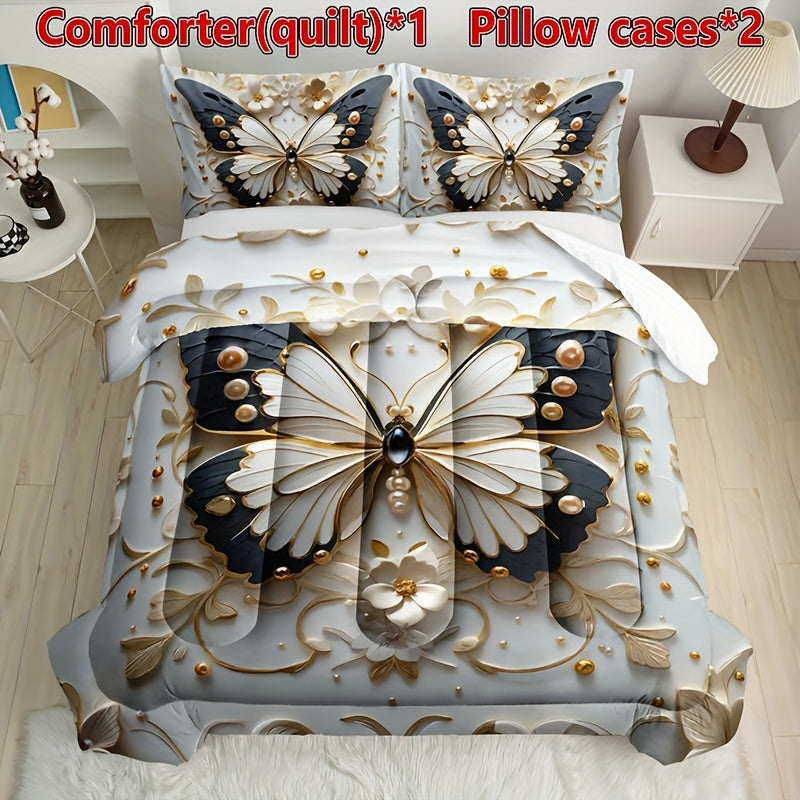 TEMU 3pcs Black White Flower Intensification Quilt Set(1 Comforter+2 Pillowcases Without Pillow Core), Contains Padding 180gsm Quilting Soft Digital