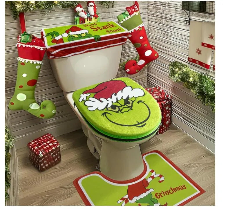 Christmas Decorations Xmas Bathroom Sets Grinch Green Monster Toilet Seat Cover and Rug for Indoor Home Bathroom Sets of 4 pcs (Red - Green) 1025