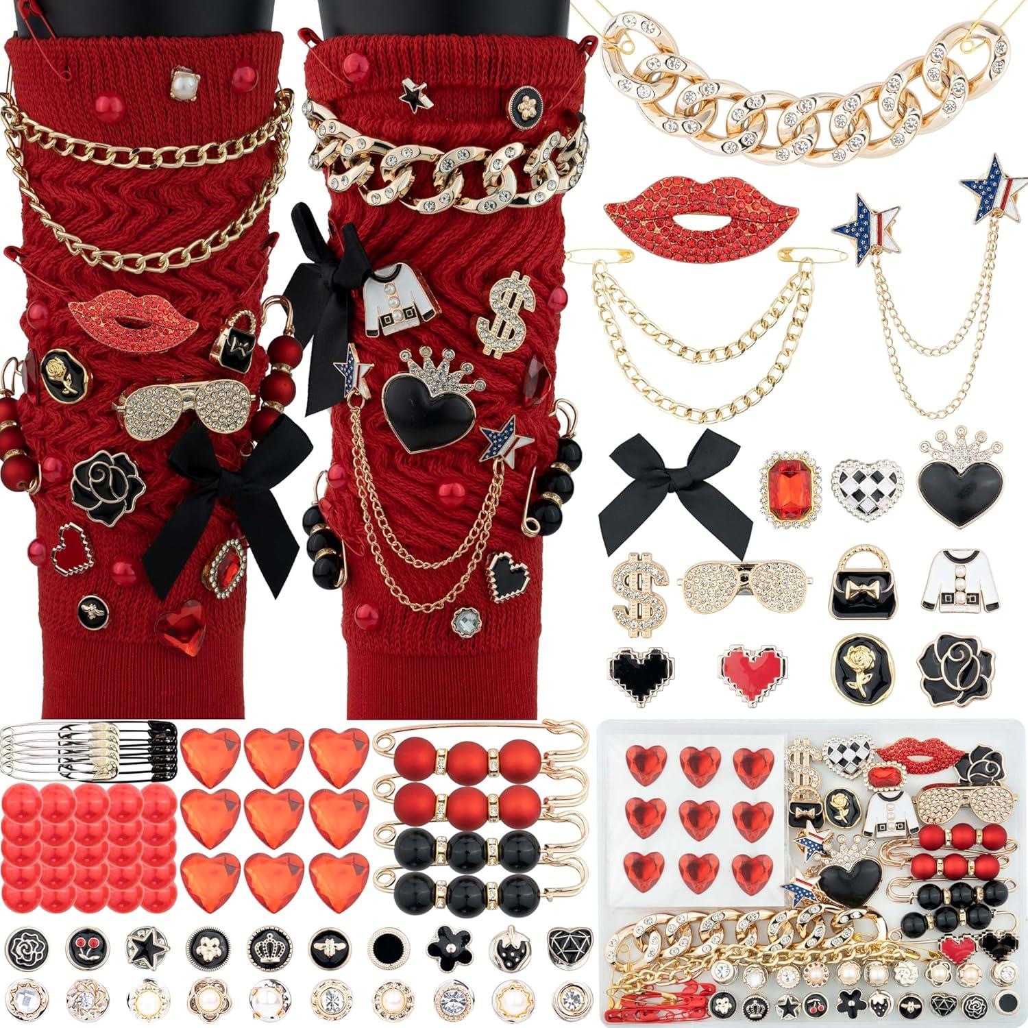 TEMU 85pcs Junk Socks Charms Kit, Black And Red Charms For Socks, Brooches And Pins For Women, Shoecharms With Bows, Sneakers Diy Kit With Pearls