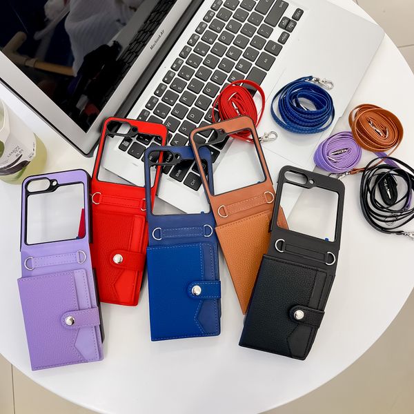 Card Holder Phone Cases for Samsung Z Flip 6-5-4-3 Card Pocket PU Leather Shockproof Protective Shoulder Strap Back Cover Cellphone Case