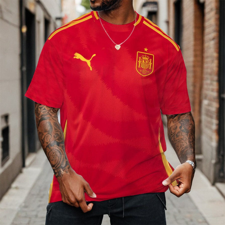 Men's Spain Home Jersey Football Print Loose Short Sleeve Oversized T-Shirt