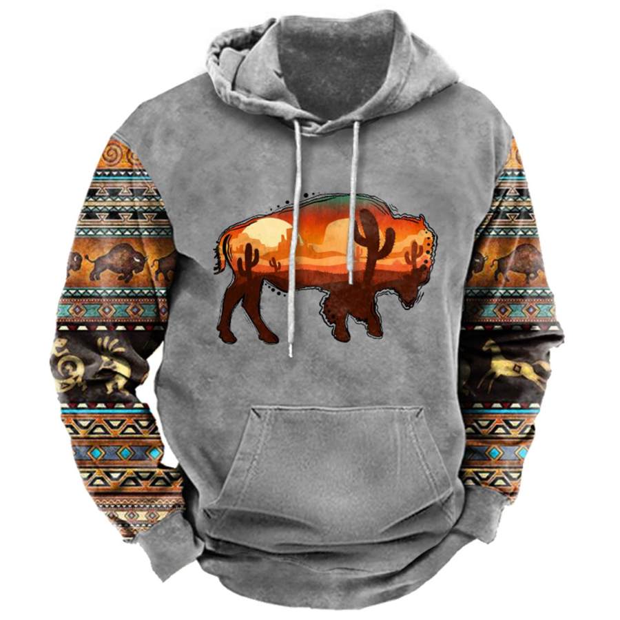 Men's Ethnic Geometric Western Buffalo Print Hoodie
