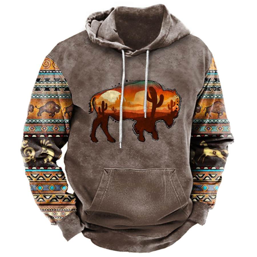 Men's Ethnic Geometric Western Buffalo Print Hoodie