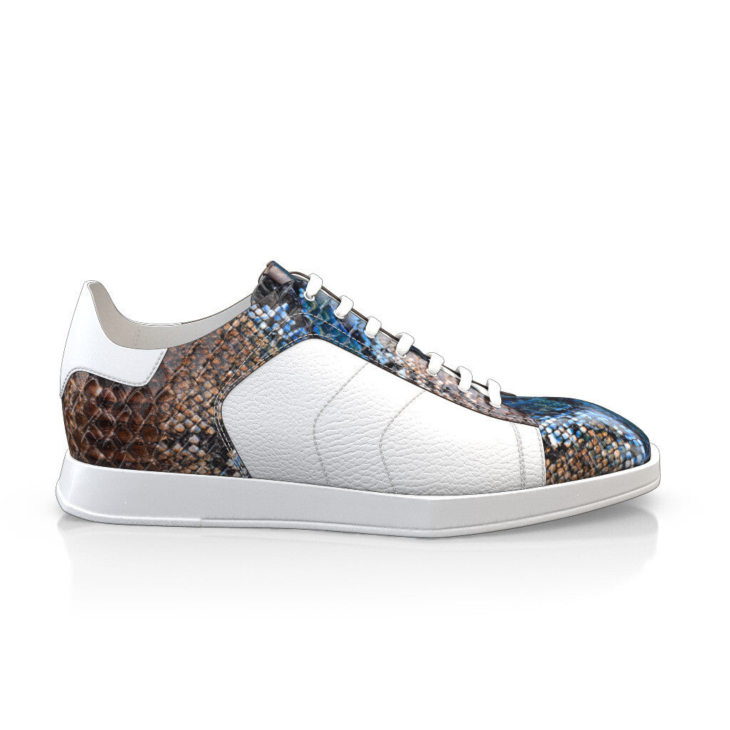Baskets plates à lacets et bout carré Homme Faites main en Italie en Cuir Marron &amp; Bleu Imprimé animal - Sur Mesure, Lacets - GIROTTI