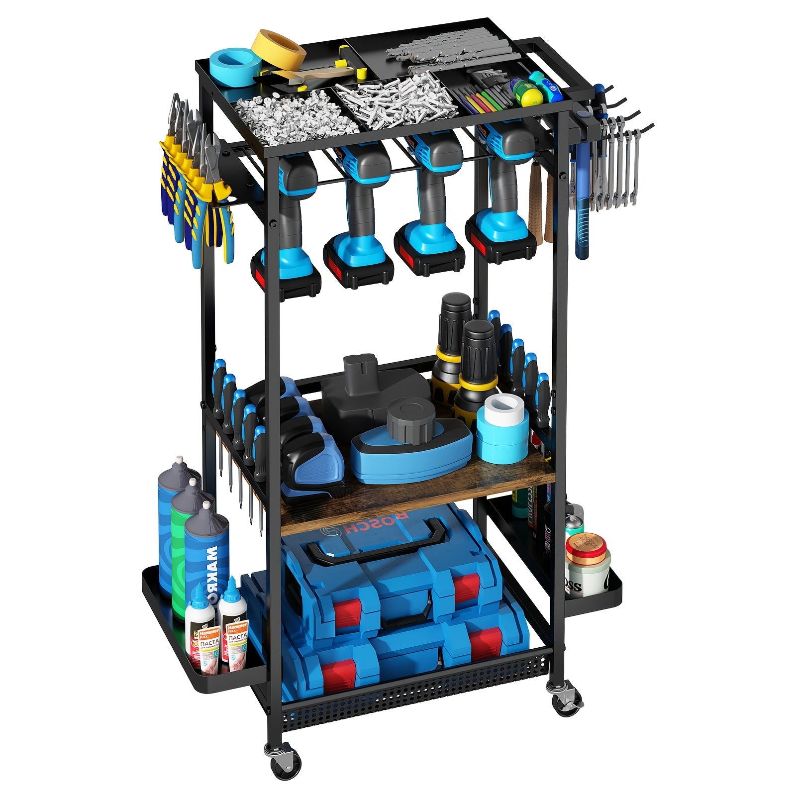 TEMU Heavy-duty Metal Garage Tool Organizer Cart With Wheels - Multi-functional Workshop Storage Rack For Drills, Power Tools, Pliers, Screwdrivers &