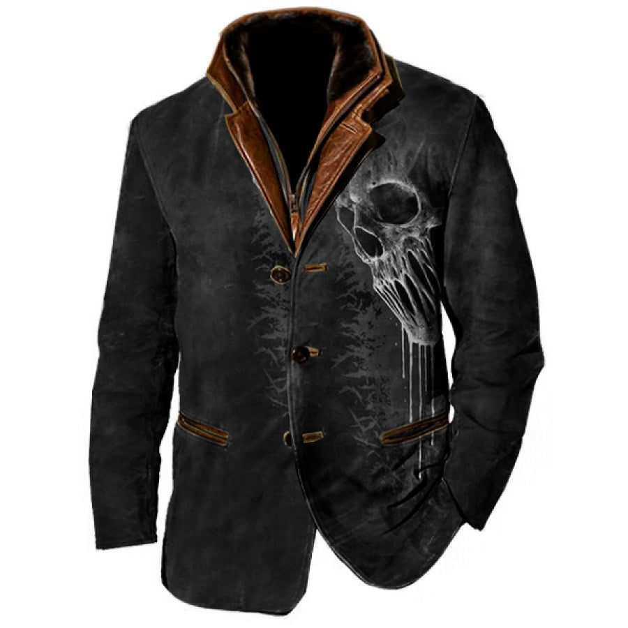 Art Skull Print Men Vintage Fleece Blazer Double Layer Lapel Fur Leather Collar Medium Length Coats