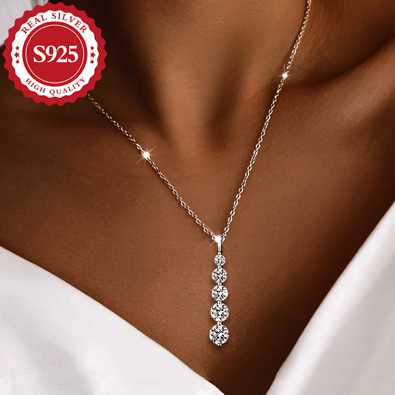 TEMU S925 Pure Silvery Elegant Classic French Pendant Necklace, With 5 Sparkling Cubic Synthetic Zirconia Charms, Ideal For Women - Casual Attire And