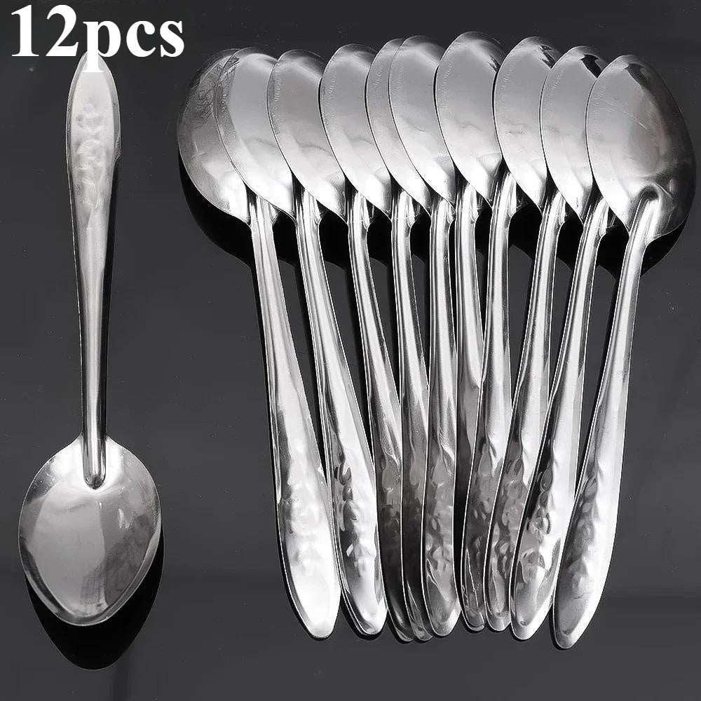 TEMU 12pcs Stainless Steel Dessert Spoon Set, Elegant Design, Long-handled Ice Cream And Watermelon Spoon, For Kitchen Utensils