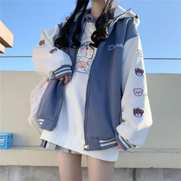 Casual Coats Women Japanese Oversize Kawaii Sweet Bomber Jackets Y2k Harajuku Bear Long Sleeve Hooded Patchwork Outerwear 240808
