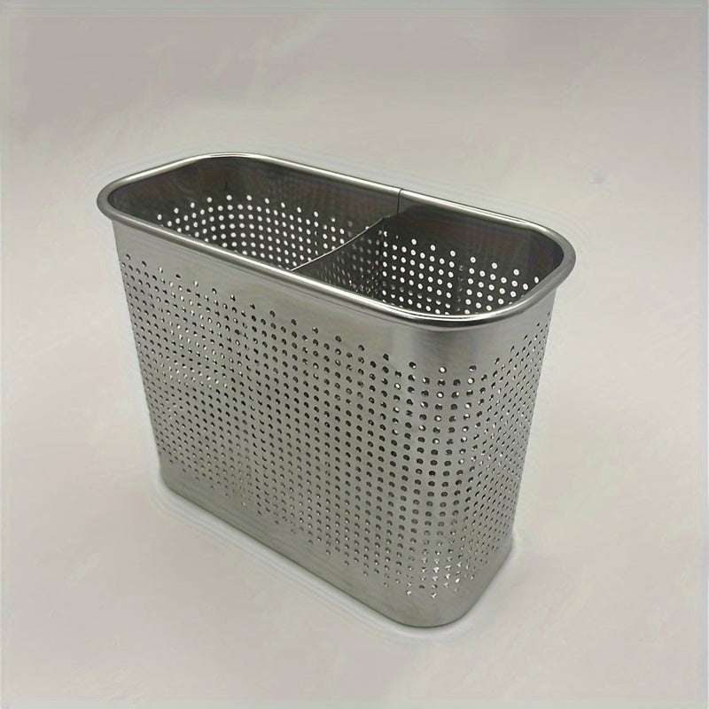 TEMU 1pc Stainless Steel Utensil Holder With Drain Tray, Dual Compartment, Organizer For Cutlery, Stationery, Makeup Brushes - Rectangular Wall Mount