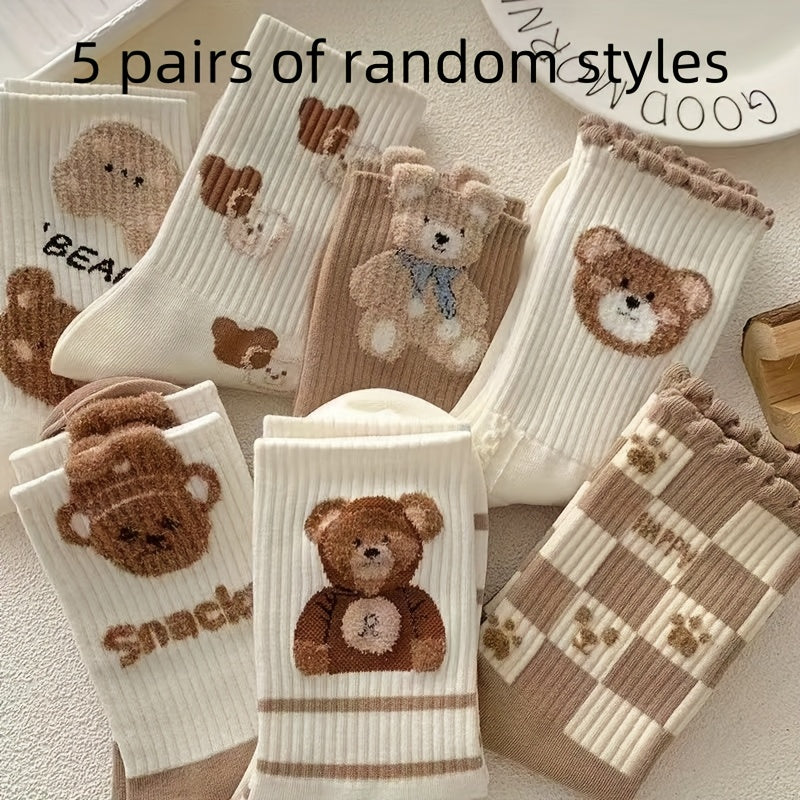 TEMU 5 Pairs Of Adorable Coffee-colored 3d Bear Socks For Women - Comfortable, Breathable Mid-calf Socks With , Casual Wear, Cute Socks, Checkered