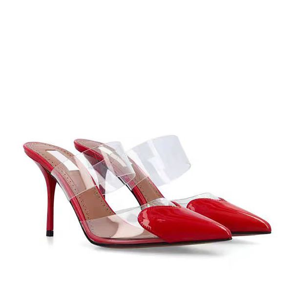 Top quality PVC Pointed toe Stiletto Slippers mule sandals Fashion patent leather Slide Designer dress shoes for women girls party evening s