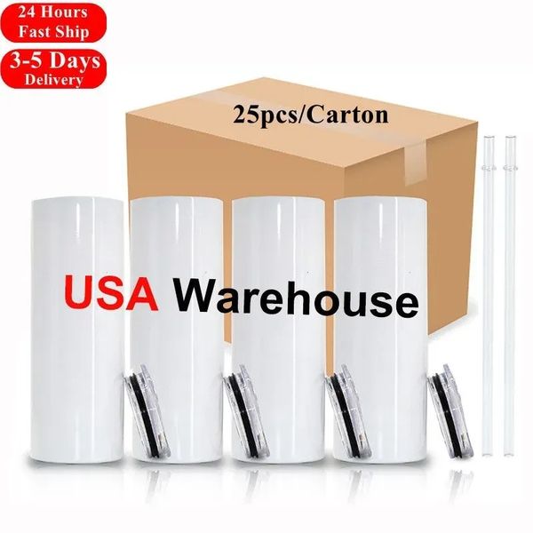 USA Warehouse 25pc-carton STRAIGHT 20oz Sublimation Tumblers blanks white Slim Beer Cups DIY Coffee Mugs with Lid and Straw