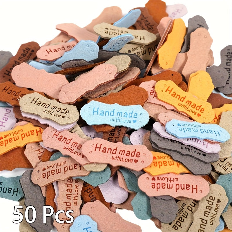 TEMU 50pcs Handmade Labels - Multicolor Pressed Crochet Labels With Holes, Durable Synthetic Leather, Perfect For Crafts, Knitting, Sewing, Hats &