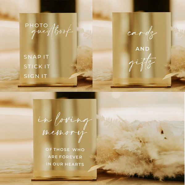 Other Event Party Supplies Set Of 3 Wedding Signs Gold Mirror Acrylic Guestbook Sign Memory Cards And Gifts Plexiglass 230901