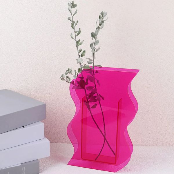 Acrylic Flower Vase for Aesthetic Room Decor Irregular Curvy Wave Plastic Decorative Vase for Bedroom Living Room Table - Pink 240731