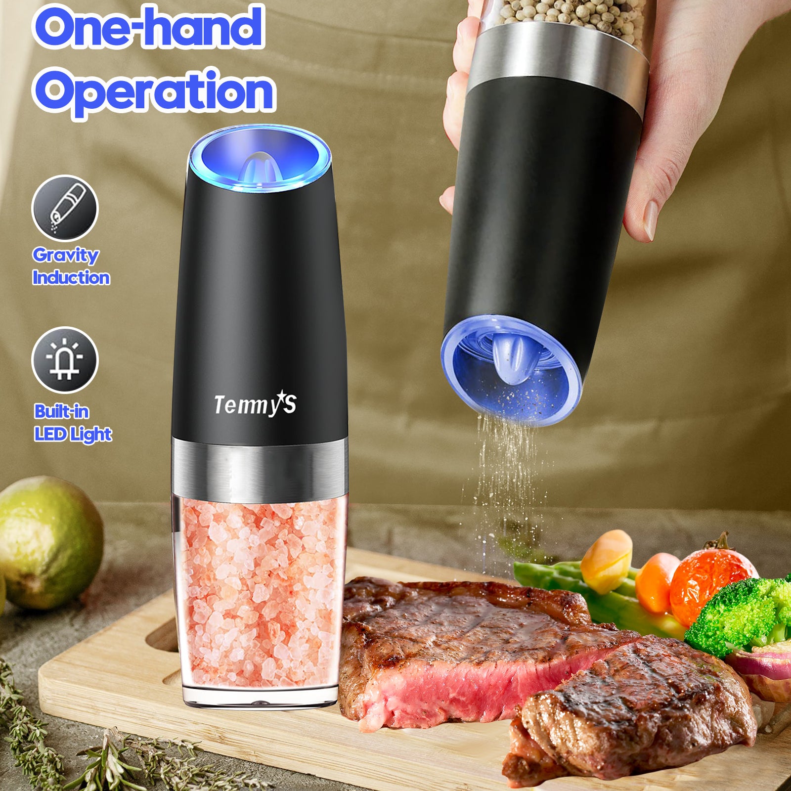 2PCS Gravity Electric Pepper and Salt Grinder Set, Adjustable Coarseness, 4Battery Powered with LED Light, One Hand Automatic Operation