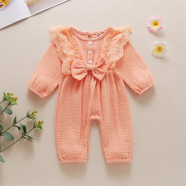 w542 Kids clothes girls boys lace sleeve Bow romper newborn infant Cotton linen Solid color Jumpsuits Spring Autumn baby Climbing clothes