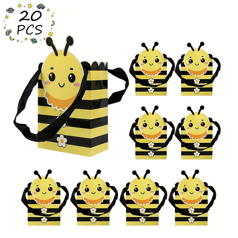 TEMU 20pcs Adorable Cartoon Bee Gift Bags With Handles - Striped Design, Party Favors, Birthdays, Weddings & More, Party Favor Bags | Cartoon | Paper