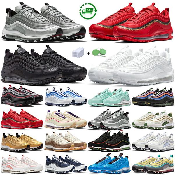 97 homens Mulheres Running Shoes Running 97S Sneaker Triple Black Branco Prata Branqueado Coral Ferro Cinzento Cinza Metálico Vela Vergelã B