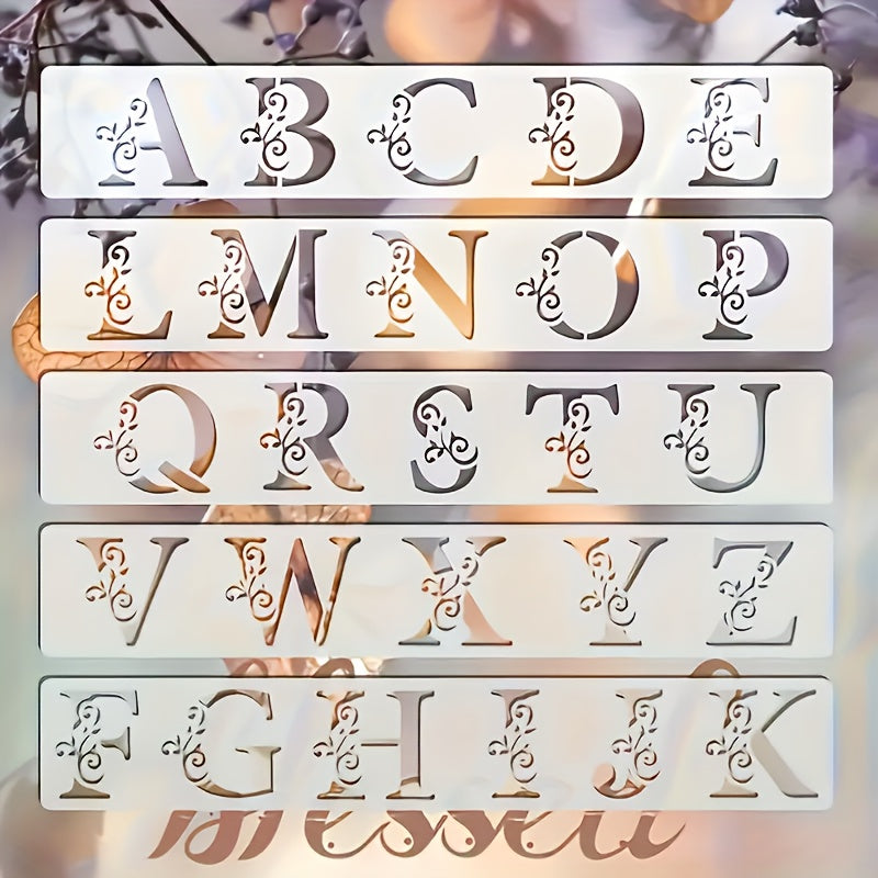 TEMU 5pcs Floral Letter Stencils Set - Reusable 2x12 Inch And Lowercase Alphabet Painting Templates, Suitable For Fabric, Scrapbooking, Weddings,